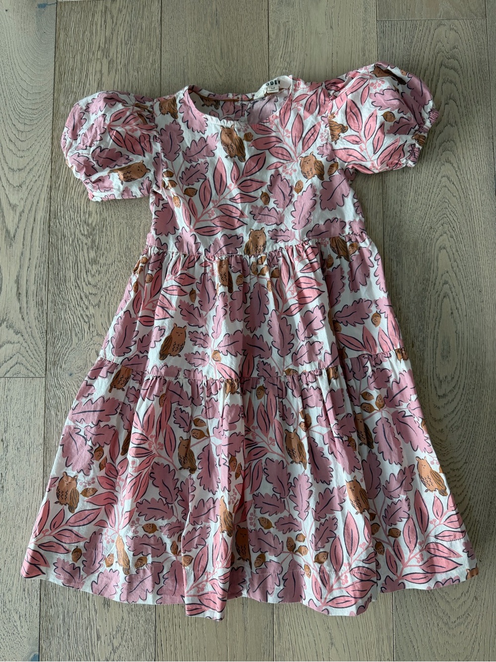Mini Boden Pink Leaf & Acorn Puff-Sleeve Tiered Dress